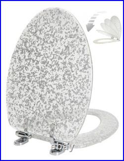 Elongated Resin Toilet Seat Glitter Silver, Slow Quiet-Close Lid and Seat, He