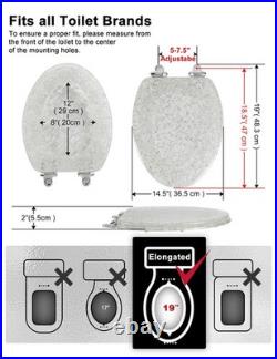 Elongated Resin Toilet Seat Glitter Silver, Slow Quiet-Close Lid and Seat, He