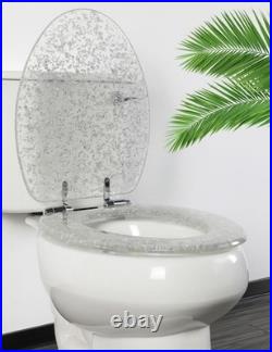 Elongated Resin Toilet Seat Glitter Silver, Slow Quiet-Close Lid and Seat, He
