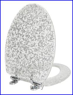 Elongated Resin Toilet Seat Glitter Silver, Slow Quiet-Close Lid and Seat, He