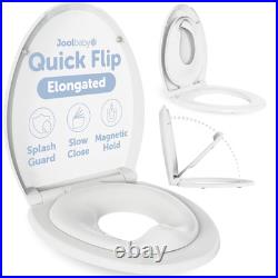 Elongated Toddler Toilet Seat Quick Flip Built-In Potty Splash Guard Slow Close