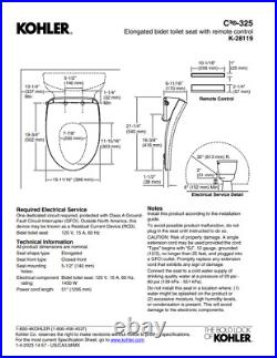 Kohler C3-325 Premium Elongated Bidet Toilet Seat With Remote Control