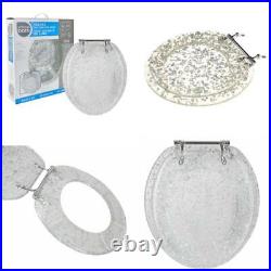 Standard Size Resin Toilet Seat with Chrome Hinges Clear Frame Silver Foil Flakes