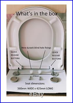 Toilet seat designed to fit Duravit Starck 3, soft close, quick release inc BHF